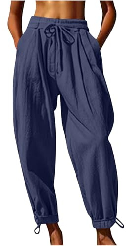 Keepink Joggers for Women UK Baggy Cotton Linen Tapered Pants Summer Drawstring Elastic Waist Pant Casual Jogger Trousers with Pockets Wide Leg Harem Bottoms Vacation Streetwear