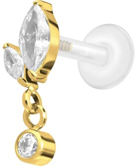 PIERCINGLINE PTFE Labret Ohrpiercing mit 0,9 mm Gewinde + Titan-Aufsatz KNOSPE + KRISTALL Farb & Größenauswahl