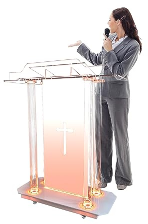 AeasyG Podium, Kirchenkanzel mit hohlem Kreuzdesign, LED-Acryl-Kirchenpult mit Rollen und vertikaler Leseplattform, 46-Zoll-transparentes Rednerpult für Kirchen, Klassenräume und Hochzeiten