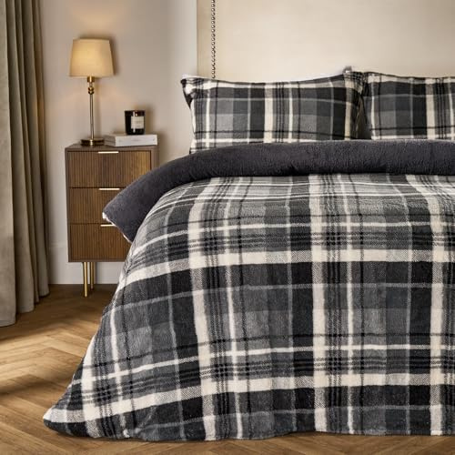 OHS Teddy Fleece King Size Duvet Cover Set, Super Soft Warm Thermal Teddy Bear Bedding Classic Tartan Check Fluffy Cosy King Size Bedding Set with Pillowcases, Charcoal Grey