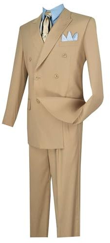 VINCI Wool Feel 6 Button Double Breasted Solid Color Suit DC900-1-Beige-50L