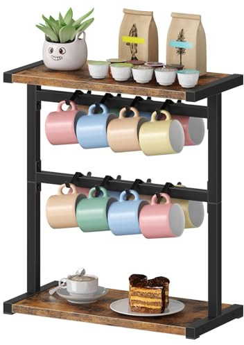 HOOBRO Coffee Mug Storage, 2 Tier Countertop Mug Stand Rack with 16 Hooks and Open Shelves, Mug Display holder for Kitchen, Rustic Brown and Black EBF35TL01