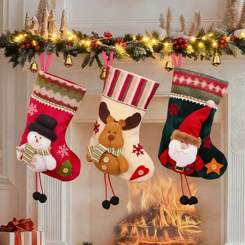 XEERUN 3 Stück Nikolausstrumpf, 30cm Weihnachtsstrumpf, Nikolausstiefel zum Befüllen & Aufhängen, Weihnachtssocken, Weihnachtsstrümpfe für Weihnachten Kamin, Schaufenster, Wand, Treppe