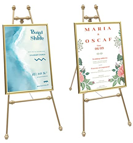 Lot de 2 chevalets de mariage dorés 50 × 62 × 118 cm, en métal, avec chaîne réglable, panneau de bienvenue pour mariage, affiche, toile, peinture