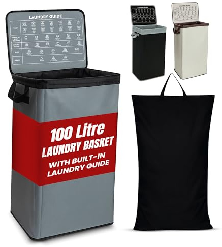 LKH 100L Laundry Basket with Lid – Large Foldable Clothes Hamper with Handles & Removable Laundry Bag - Durable Frame & 600D Polyester Fabric Laundry Bin for Laundry Room, Bathroom, Bedroom & Dorm