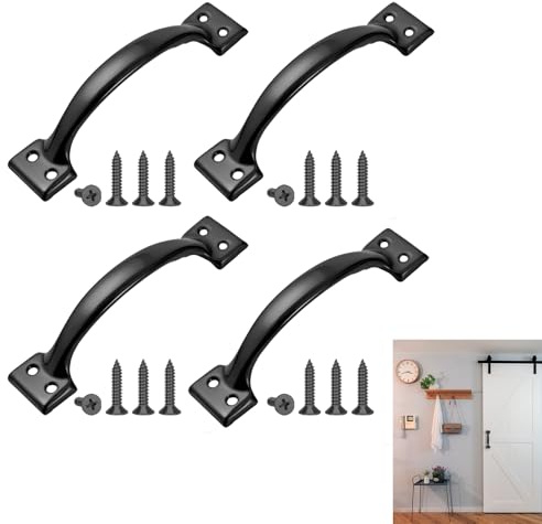 4 Pack Black 6Inch/138mm Gate Handle, Shed Door Handles with 16 Screws, Heavy Duty Stainless Steel Handles, D-Handles for Wooden Gates, Cabinets, Furniture for Outdoor & Indoor Use, Easy Installation