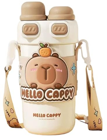 Joygoodta Bouteille d'eau Capybara, bouteille d'eau Capybara, 540 ml en acier inoxydable à double boisson Kawaii avec paille et sangle réglable pour les voyages scolaires et de bureau, blan