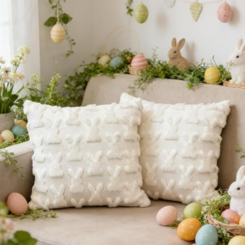 Scinzene 2 Stück Kissenbezug Ostern 45x45 Weiß, Osterdeko Modern für Sofa | Flauschige Hülle mit Hasen Motiv, Weiche Couchkissen als Ostergeschenke für Frauen & Mama (Ohne Füllung)