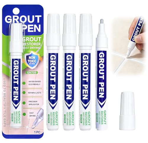 4Pcs White Grout Pen for Bathroom Tiles,Tile Grout Pen with Fine Tip for Restoring Discoloured Joints,Waterproof Mold Resistant Grout Paint Marker for Kitchen Floor Wall Tile Repair