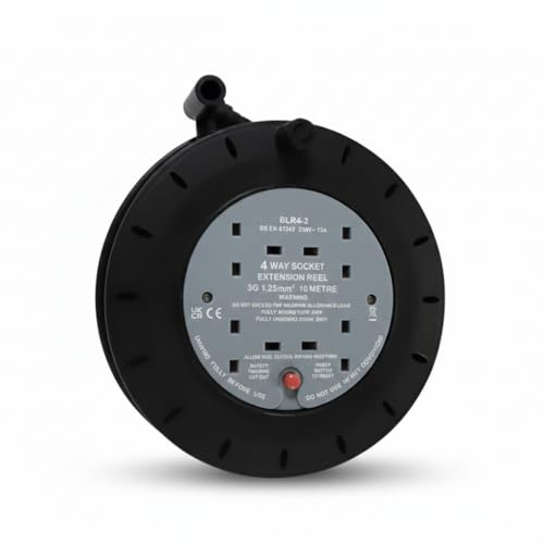 KasaBona 4 Gang Extension Reel – Heavy Duty Cable Reel with 4 UK Type G Sockets 13A 240V Power Drum, Thermal Cut-Out Protection, Cassette Power Lead for Garden for Home DIY & Workshop Use (4 Gang 10M)