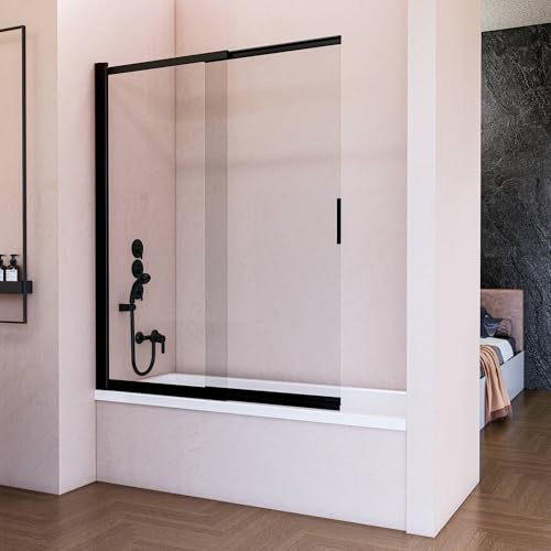 Mampara de Bañera Abatible Corredera 70 cm Negro Mate - Cristal Templado 6 mm Antical - 150cm Altura