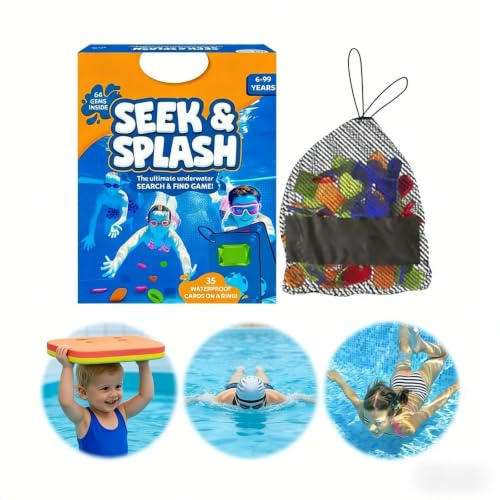 Pool Spielzeug für Kinder, Tauchspielzeug Spiel mit Karten, Unterwasser Suchspiel mit 64 Edelsteinen & 35 Wasserdichten Karten, Tauchringe für Kinder, Tauchspielzeug Poolspielzeug Set mit Netzbeutel