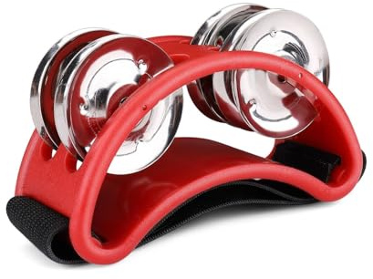 Flexzion Foot Tambourine Percussion with Double Row Steel Jingles - Foot Shaker Musical Instrument Drum for Party Shoes Gift Singer Vocalists Cajon & Guitar Players (Red)