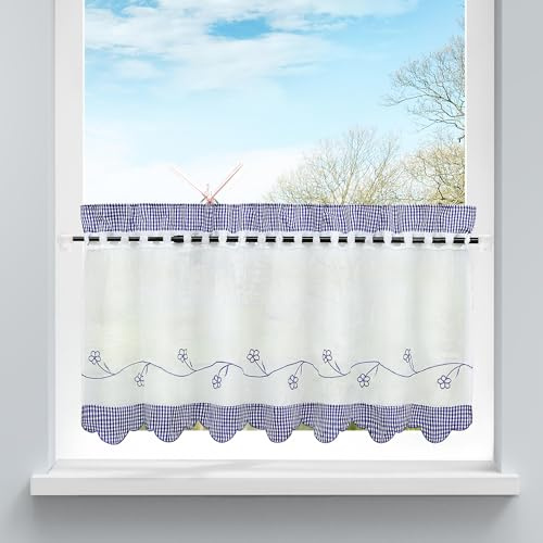 HongYa Bestickte Scheibengardine Halbtransparente Küche Kleinfenster Gardine mit Karo-Muster H/B 45/90 cm Blau