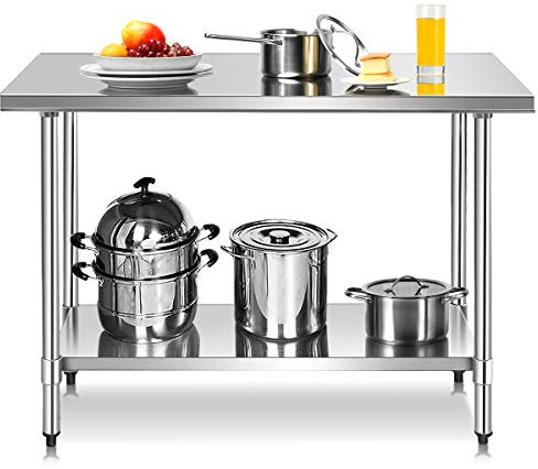 DREAMADE Arbeitstisch Edelstahl für Lebensmittelzubereitung, Küchentisch mit Aufkantung, Edelstahltisch, 2 Arbeitsplatte, ideal für Küche, Restaurant, Silber (Modell 1)