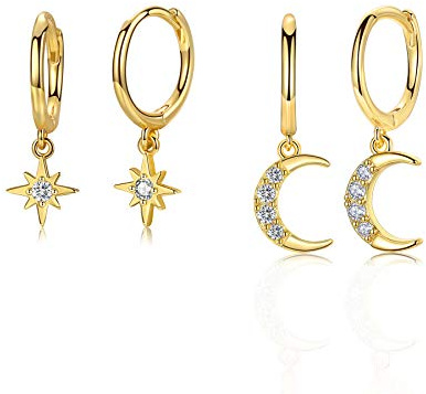 CERSLIMO Creolen Gold Damen mit Klein Zirkonia Anhänger Mond & Sterne Anhänger für Frauen Mädchen, Ohrhänger Gold 10K Vergoldet Creolen Set