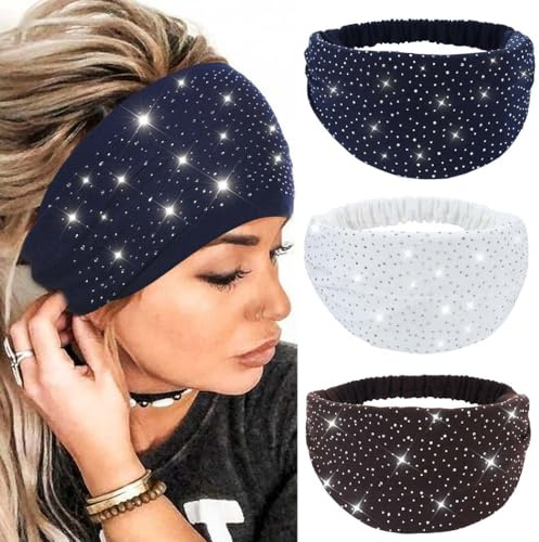 CAKURE Wide Rhinestone Headbands Sparkly African Head Wraps Bling Head Scarf Motorcycle Hair accessories Women (Pack of 3)