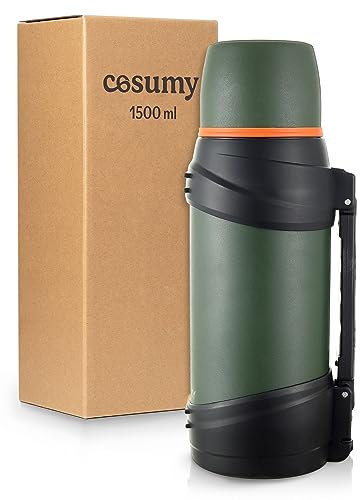 Cosumy Thermosflasche 1,5l mit Becher für Unterwegs - Auslaufsicher - Robuster Griff & Tragegurt - Für Kaffee & Tee