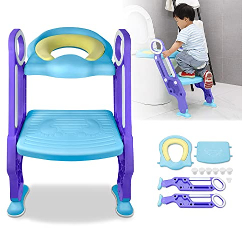 ACXIN Kinder-WC-Sitz mit Treppe, Klappbarer Töpfchentrainer, Verstellbarer Toilettentrainer mit PU-Kissen und Griff, Kleinkinder-Töpfchen, Blau und Lila