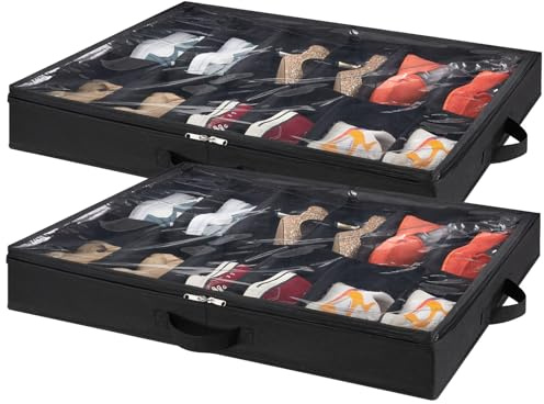 Lifewit 2-Pack Under Bed Shoe Storage, 11cm Shallow Underbed Shoe Organiser with Clear Cover, Set of 2 Slim Stackable Shoe Boxes Hold 24 Pairs, Black
