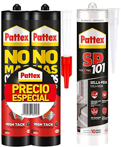 Pattex No Mas Clavos Para Todo HighTack, adhesivo de montaje resistente a temperaturas extremas + SP101 Original, Adhesivo Sellador para Interiores y Exteriores, Polímero Sellador Blanco Multimaterial