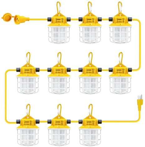 100ft LED Construction String Lights, 150W 15000LM Super Bright LED String Work Light, Construction Temporary Lights apply to Renovation, Courtyard, Jobsite, and All Outdoor Lighting (100ft-10lights)