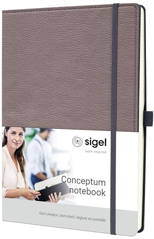 Sigel Conceptum Premium Notizbuch A4 dotted Lederlook taupe Hardcover | CO690, 194 nummerierte Seiten, Inhaltsverzeichnis, Falttasche und Stiftschlaufe