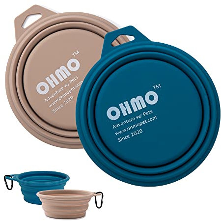 OHMO Tazón Plegable para Perros, (Paquete de 2, 400 ml, Azul y Beige) tazones de Silicona Premium para Mascotas para Gatos y Perros, tazones portátiles para Viajes de Perros Plegables