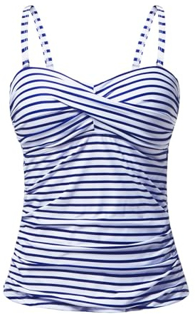 Holipick Tankini Top for Women Twist Front Bandeau Swimsuit Tummy Control Bathing Suit Tops Only No Bottom Blue Striped