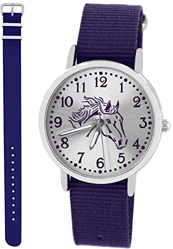 Pacific Time Kinderuhr Mädchen Pferdeuhr Geschenk-Set 2 Armbänder | Geschenk für Mädchen: Pferdeuhr mit violettem Pferdekopf, 2 Armbänder, 5 ATM wasserdicht, günstiger als Einzelkauf