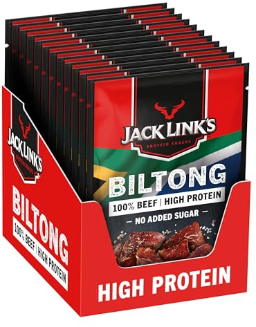 Jack Link’s Biltong Jerky Original - Pack de 12 (12 x 60 g) - Snack de viande sans gluten - Viande séchée riche en protéines pour le sport - Snack protéiné pauvre en calories - Chips de bœuf
