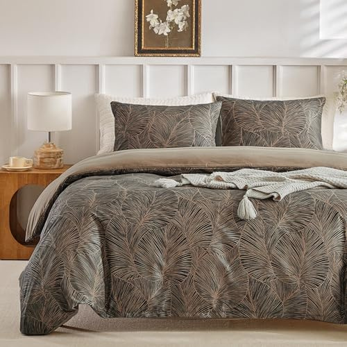 Tokokimo Set di biancheria da letto super king size, motivo con foglie tropicali, in morbida microfibra, estivo, 260 x 220 cm, con 2 federe, cachi/tropicale