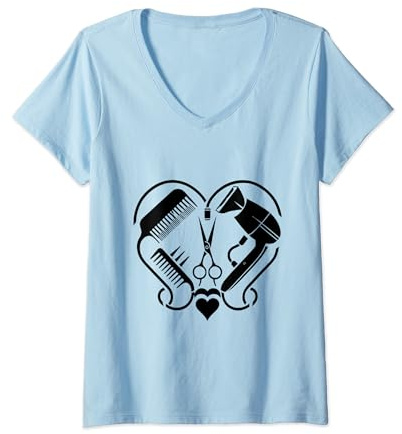 Femme Ciseaux de coiffeur séchoir en forme de cœur T-Shirt avec Col en V