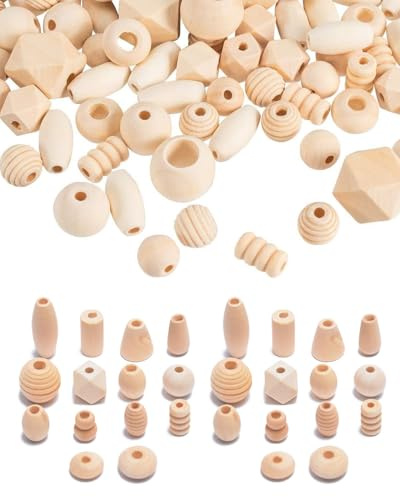 QLEUIFT 200 g Perline in Legno Naturale Palline di Legno per Lavoretti Perline sciolte in Legno Grezzo Forme Miste per Collana di Gioielli Creazione di Gioielli, legno massiccio