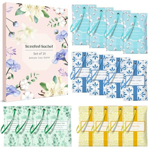 LASENTEUR Scented Sachets 16 Pack, Fresh Linen, Cotton, Vanilla & Eucalyptus Sage, Fragrance Sachets for Drawers, Wardrobes, Closets, Bedroom, Office, Car, Suitcase and Sports Bag