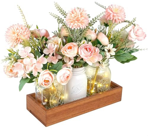 LIOZLIOLY Dining Mason Jar Lights Centerpiece Table Decorations for Dining Room Farmhouse Coffee Table Decor with Wood Tray, 3 Jars Artificial Flowers and Led Light for Bathroom Kitchen Living Room