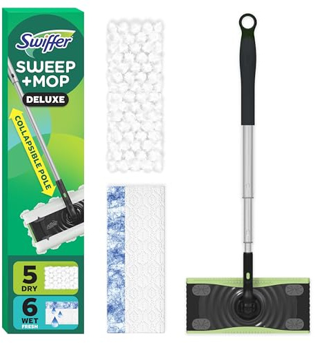 Swiffer Sweep & Mop Deluxe 2-in-1 Multi-Surface Kit for Floor Cleaning, Includes 1 Sweeper Device, 5 Dry Sweeping + 6 Wet Mopping Heavy Duty Cloths, Black