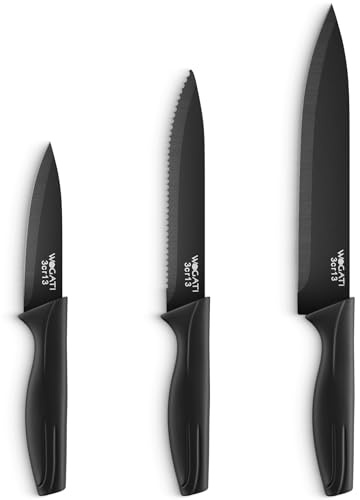 WAGATI Kitchen Knife Set of 3 – Black Kitchen Knives – Stainless Steel Non Stick Blades – Includes Chef Knife, Tomato Knife & Paring Knife – Ergonomic Soft Touch Handle