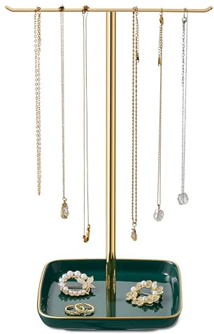 Jewelry Holder Stand with Ceramic Base: 12 Tall Necklace Organizer Rack, Tree Design Display Storage for Necklaces, Bracelets, Rings, Earrings, Aesthetic Room Décor for Girls and Women, Green