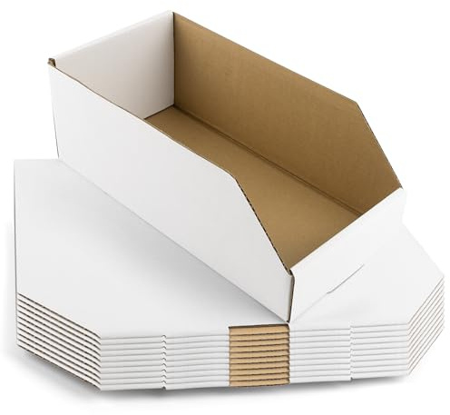Golden State Art, 12x6x4.5 Cardboard Storage Bins, 10 Pack Corrugated Open Top Bin Box for Shelves Garage Office Warehouse Organization, White