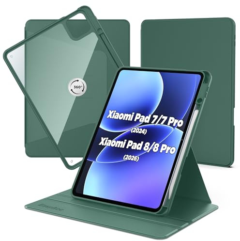 EasyAcc Drehbare Hülle für Xiaomi Pad 8/8 Pro/Pad 7/7 Pro 11,2 Zoll | Schutzhülle mit Xiaomi Pen Halter, Acryl Rückseite, 360° drehbar mit stoßfestem Rand,Nachtgrün