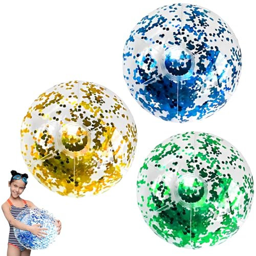 YEWCEP 3 Stück Aufblasbare Strand Glitzerbälle 40cm Bunte Wasserbälle für Kinder PVC Wasserball Klein Spielball für Baby Blau Gold Grün Ideal für Schwimmbad Strand Spielzeug