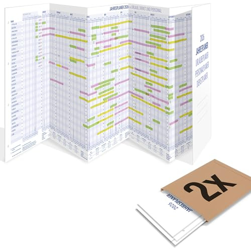 2er Pack: Yohmoe Mitarbeiter Urlaubsplaner 2026 faltbar, gefalzt Format 975x297 mm, großer Personalplaner Wandkalender für Urlaubsplanung, Dienstplaner Kalender über 14 Monate, Urlaubskalender