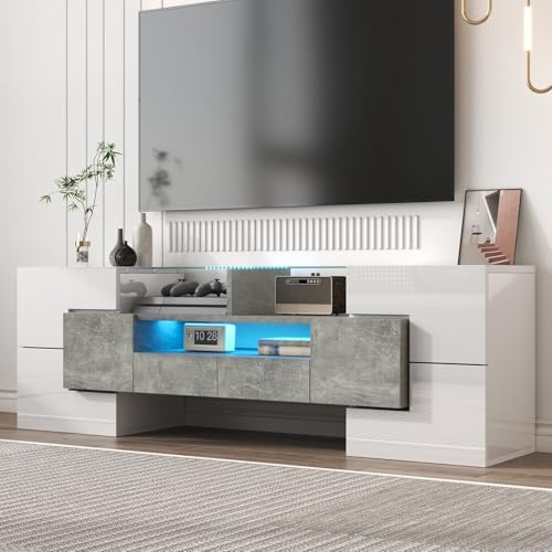 KOMHTOM Meuble TV Moderne avec 6 Portes et 2 Tiroirs, Meuble de Salon avec éclairage LED, pour Salon, Salle à Manger et Chambre à Coucher