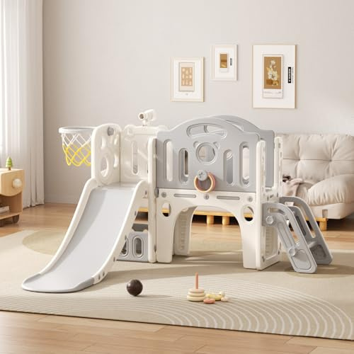 Structure Jeux Toboggan pour Enfant: Aire de Jeux Intérieure et Extérieure Enfant avec Coffre de Rangement Tunnel Escalier Echelle Panier de Basket et Zone de Passage (Elf Set-D-Gray)