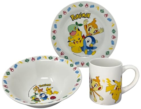 CARTOON 3-teiliges Set aus Keramik Pikachu Pokémon Tasse Schüssel Teller Kindergeschirr Tafelservice im Karton