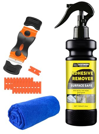 LUXFINISH Adhesive Remover Spray with Scraper & Towel - Remove Stickers, Labels, Tape Residue from Car Paint, Glass, Tile - Safe Multi-Surface Formula - 100ml/3.4oz