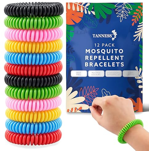 Tanness 12 Pack Mosquito Repellent Bracelet – Non-Toxic DEET-Free Bug & Insect Repellent Bands, Waterproof Mosquito Bands, Bracelets, Travel & Holiday Essentials for Kids & Adults