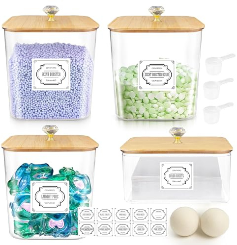 KOL ADONAI Laundry Detergent Container Set (4 Jars) with Bamboo Lids | Storage Jars Organizers for Pods, Powder, Beads & Liquid Soap Includes 2 Wool Dryer Balls | Laundry Room Organization Essentials
