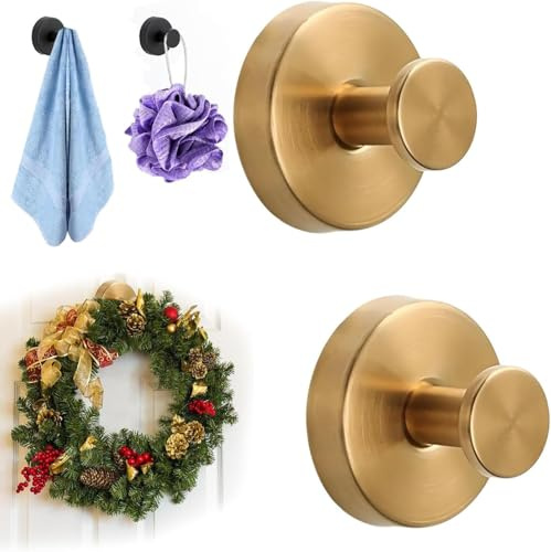 Enitmor Starke Saughaken Klebehaken, 2026 Neu Selbstklebende Wandhaken aus Edelstahl, Handtuchhaken Ohne Bohren für Bad Küche Toilette, Starke Haken Wandhaken Handtuchhalter (2, Gold)